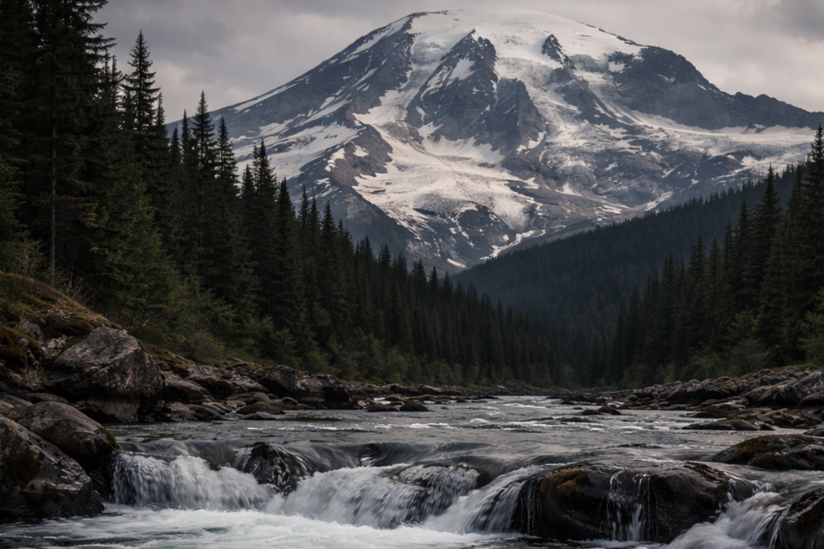Mountain landscape with a river flowing through a forest